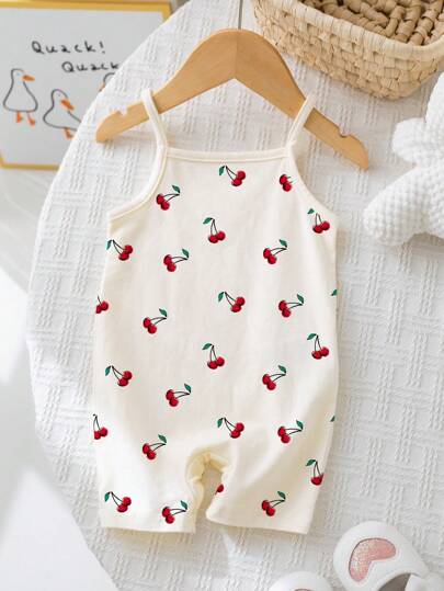 SHEIN Happikins Cute Cherry Print Baby Girl Casual & Comfortable Romper, Suitable For Spring & Summer