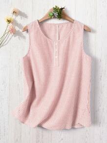 Rusticease Camiseta sin tirantes casual y versátil con decoración de botones a rayas para mujer - Rosa Pálido - Ver 1