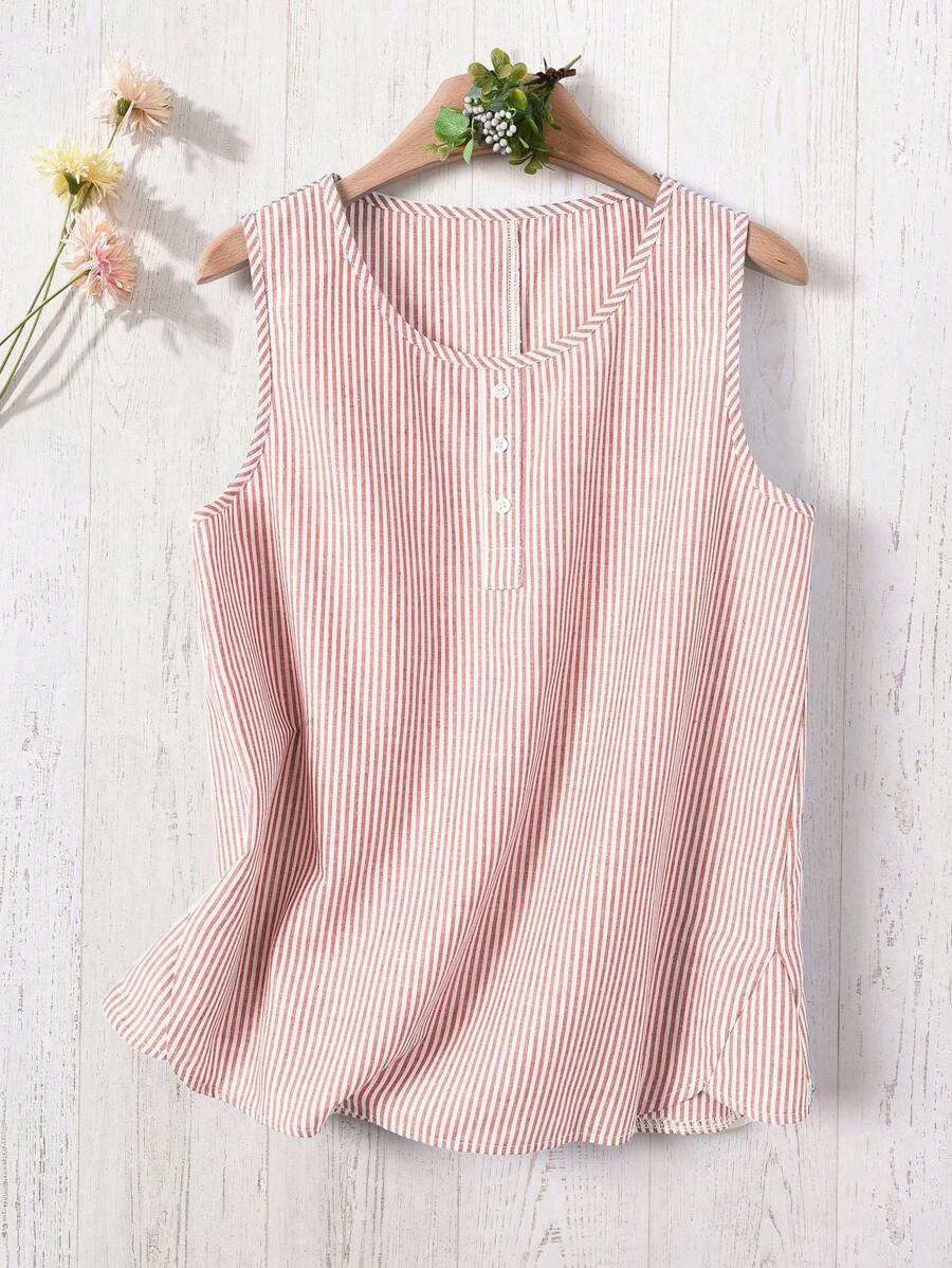 Rusticease Camiseta sin tirantes casual y versátil con decoración de botones a rayas para mujer - Rosa Pálido - Ver 1