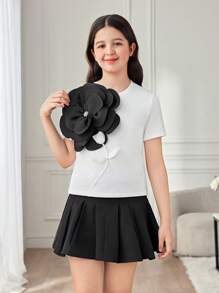 Tween Girls Tricou cu mânecă scurtă, cu mânecă scurtă, cu decor floral 3D, de culoare uni, din tricot, alb