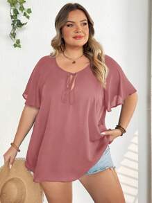 SHEIN CURVE+ Plus Size Women's Elegant Black Tie Collar Raglan Short Sleeve Loose Blousebeach Outfits For Woman/Beach Dress/Beach Vacation Outfits/Beach Essentials / Graduation/Tea Party Dresssummer/Country/Beach Vacation Outfits/Beach Outfits/Beach Wear