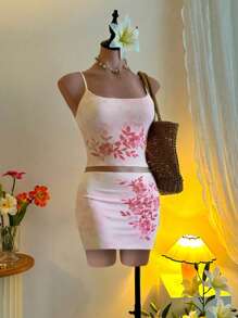 SHEIN SXY 2pcs/Set Women Camisole Top And Skirt Two Pieces Set - Pink - View 5