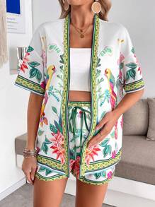 SHEIN 2 Pieces Set Maternity Vintage Style Peacock Floral Pattern Open Front Short Sleeve Top And Shorts Summer Outfits For Women - Multicolor - View 3