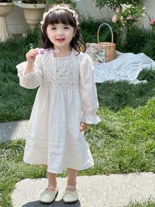 DAZY Baby Girls' Round Neck Embroidery Casual Cute Solid Color Puff Sleeve Dress Fall,Winter Toddler Girls Clothes - White - View 9
