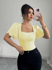 Elenzga 时尚法式贝壳边泡泡袖纯色短款上衣，优雅圆领修身衬衫 - 黃色 - 查看 3