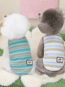 PETSIN 可爱简约休闲家居风格“LUCKY”和狗狗印花柔软面料，轻盈透气无袖宠物背心适合户外、夏季，欧美时尚猫狗适用 - 藍色 - 查看 3