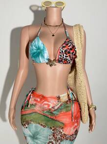 Slaydiva 2025 Spring/Summer New Romantic Beach Party Personalized Dopamine Colorful Leopard Floral Print Sheer Mesh Bralette & Fish Tail Skirt Bikini Swimwear Set, Western Wear Women - Multicolor - View 8