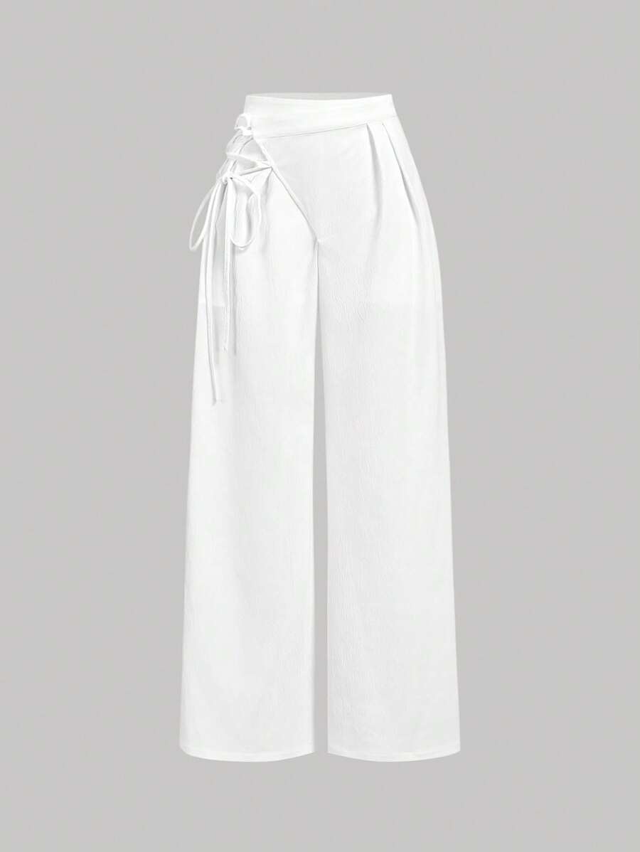 SHEIN MOD 女士系带蝴蝶结白色不对称下摆阔腿裤，西式女装，度假，海滩，波西米亚风，白色裤子，夏季裤子，阔腿裤，女士裤子，商务休闲女装 - 白色 - 查看 1