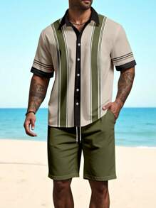 Manfinity RSRT Plus Size Men's Striped Short Sleeve Polo Shirt And Shorts Set, Summer - Multicolor - View 1