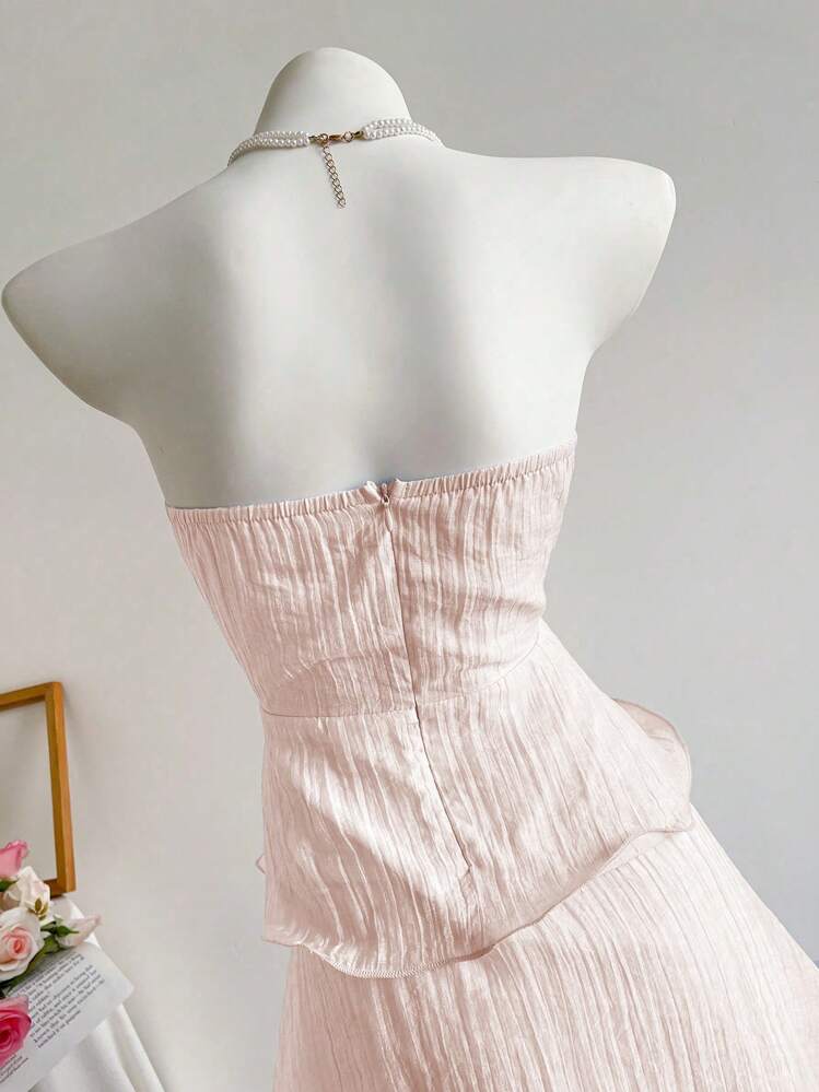Elamini Solid Color Sexy Strapless Backless Multilayer Dress - Baby Pink - View 4