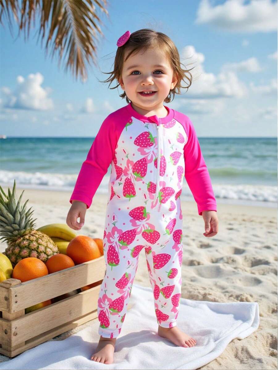 Baby/Baby GirlStrawberry Print Long Sleeve One-Piece Swimsuit, Sun Protection Holiday Beachwear - Multicolor - View 1