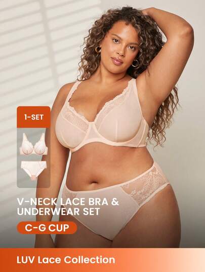 LUVLETTE Plus Women 2pcs Sexy Lingerie Set Full Coverage Unlined Lace Elegance Minimizer Bra Lace Bra Panty Matching Sets