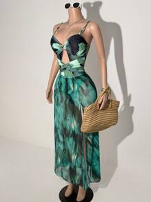 Slaydiva Costume da bagno intero con stampa tropicale e gonna con nodo sulla parte anteriore