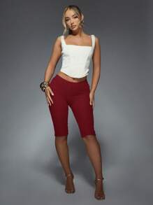 MISSGUIDED Textured Knit Capri Biker Shorts High Waist Workout Athletic Running Shorts Thigh Length Compression Shorts - Red - View 4
