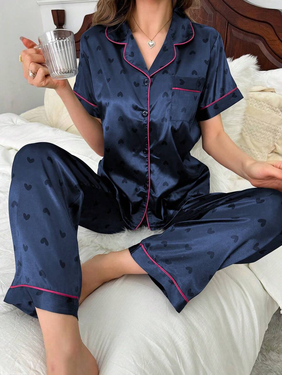 LuxeNights Border Heart Print Silk-Like Short Sleeve Shirt And Long Pants Pajama Set - Navy Blue - View 1