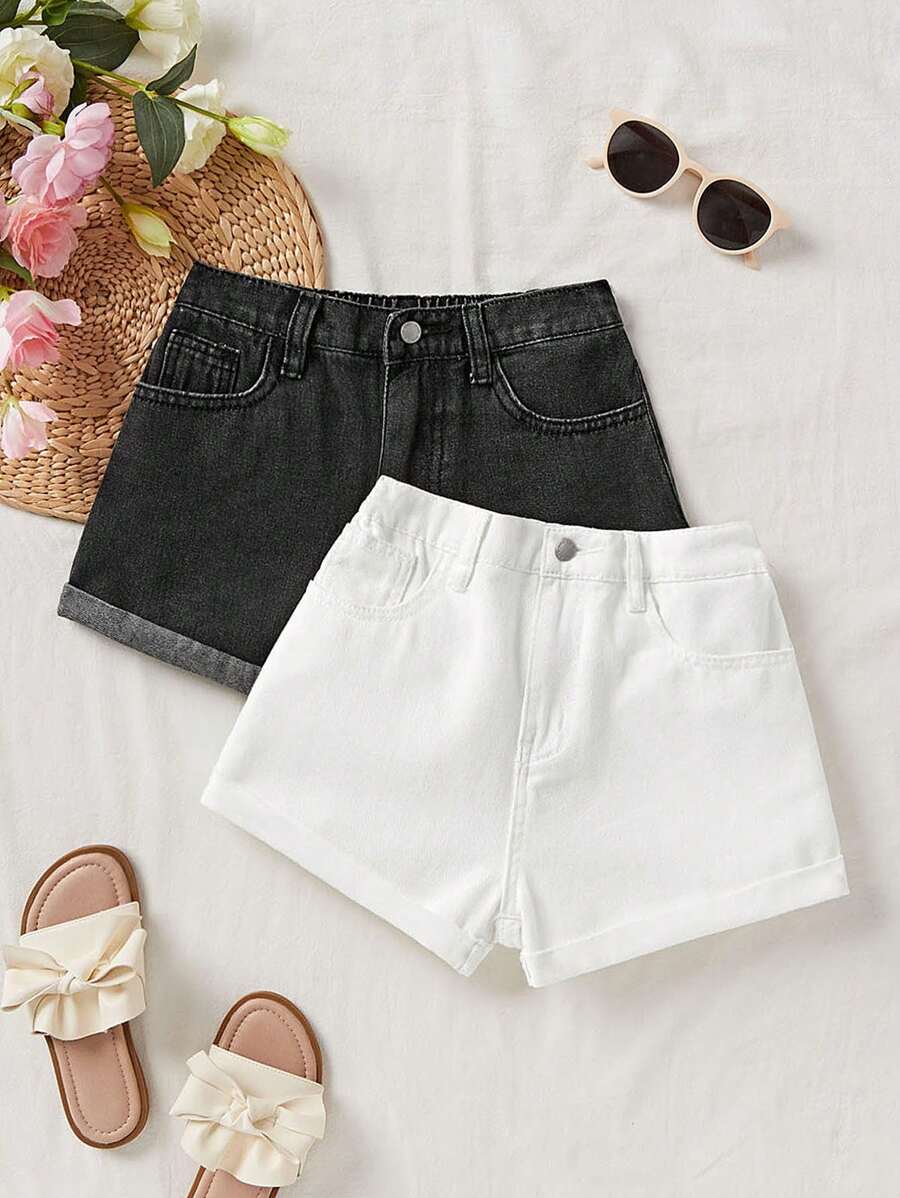 SHEIN Pantaloni scurți din denim largi, cu tiv rulat, pentru fete, preadolescente, pentru vacanța de primăvară-vară, din 2 piese, casual, cu imprimeu boho, pentru plajă, concert, rave, festival, școală, campus, facultate - Multicolor - Vizualizare 1