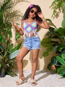 SHEIN 青少年女孩手工钩针花卉方形流苏背心 - 彩色 - 查看 4