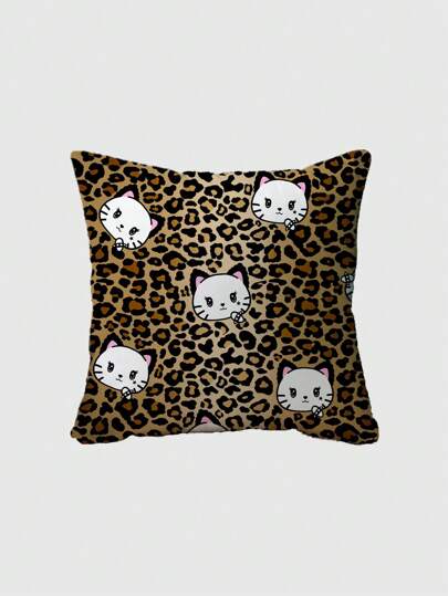 Kawaii 1pc Cute Cat Print Double-Sided Plush Cushion Cover, Suitable For Living Room, Bedroom, Dining Room