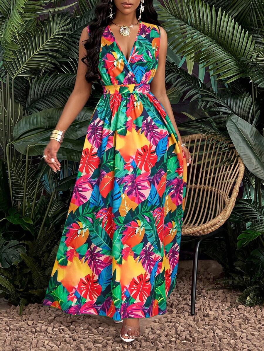 SOLERSUN 热带印花 V 领腰部麻花针织修身喇叭裙长款女装 - 彩色 - 查看 1