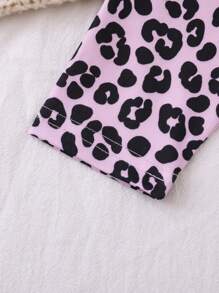 SHEIN Set 2 buc. tricou și pantaloni cu mânecă lungă și imprimeu leopard pentru bebeluși, fetițe, ținută casual confortabilă, potrivită pentru 0-3 ani, pentru toate anotimpurile, performanță excelentă la preț redus - Violet - Vizualizare 5