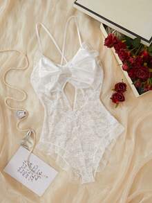 SHEIN 蝴蝶结网眼蕾丝性感内衣连体裤 - 白色 - 查看 1