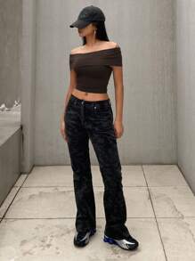 DAZY Parte superior de camiseta ajustada de hombros descubiertos de moda de verano para mujer, tops cortos para mujer