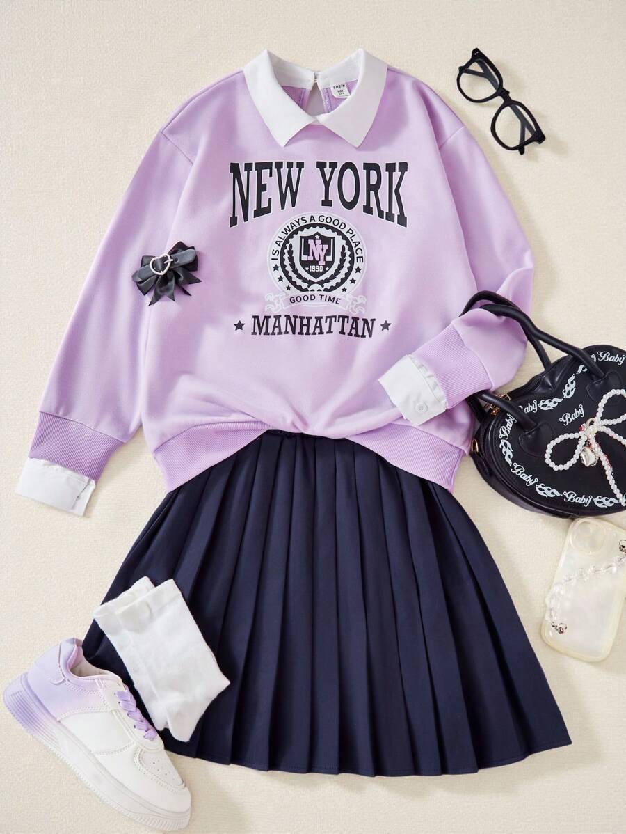 SHEIN Bộ 2 áo thun polo cổ bẻ thời trang mùa xuân cho bé gái tuổi teen 2 trong 1 và chân váy nhún - Nhiều màu - Xem 1