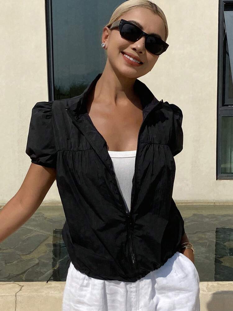 Women Solid Fitted Short Sleeve High Neck Zip Up Ruched Casual Holiday Summer Shirt
