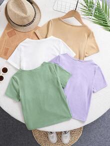 Conjunto de 4 piezas de ropa para niños, estilo casual y cómodo para niño pequeño, tela con textura cómoda, detalles de botones con estampado de madera en polo, camiseta cuello redondo de manga corta en multipack de 4 colores, adecuado para uso en casa, ocio, salidas, juegos, escuela, primavera/verano - Multicolor - Ver 2