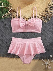 Girls' Special Fabric Bowknot Ruffle Swimsuit Set For Beach, Summer - Pink - View 6