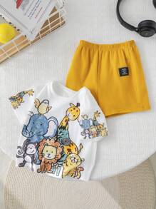 SHEIN Bộ 2 món/Bộ áo thun tay ngắn in hình động vật hoạt hình dễ thương cho bé trai/bé gái & quần short cạp chun, mùa hè - Nhiều màu - Xem 3