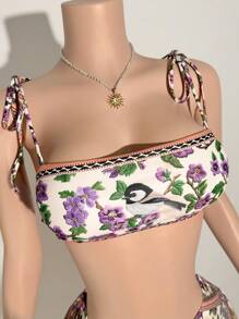 Slaydiva 2 件套 2025 春夏新款邮轮旅行海滩度假阳光花朵印花系带肩比基尼上衣 + 高腰泳衣 - A - 彩色 - 查看 5