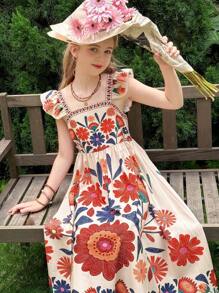SHEIN LMoss Kids 女童碎花方领荷叶边下摆休闲连衣裙 - 黑與白 - 查看 7