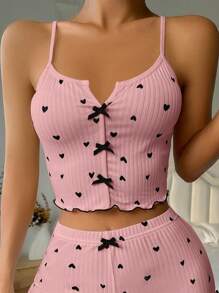 Women Heart Print Bow Decor Pajama Top