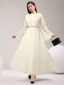 Modelyn 女士纯色褶皱圆领喇叭袖宽松优雅连衣裙 - 杏色 - 查看 1