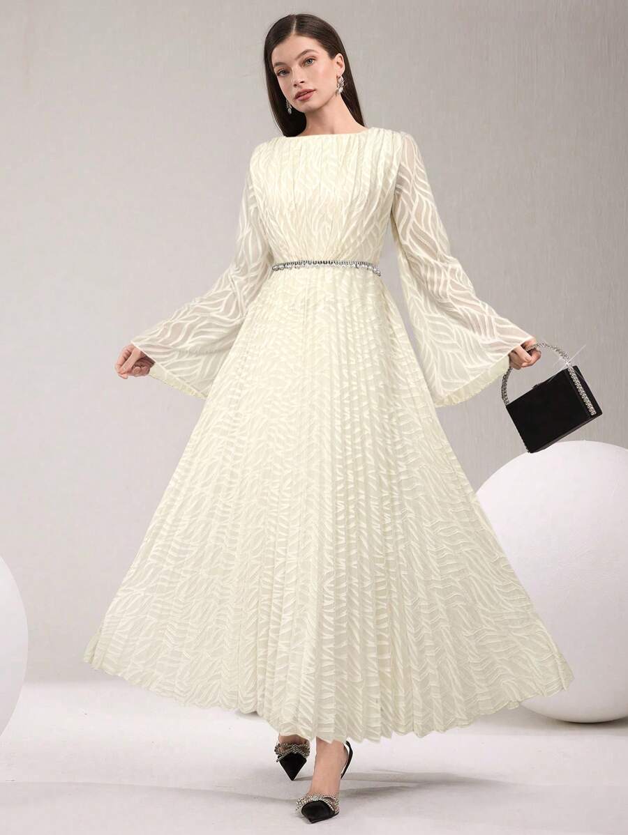 Modelyn 女士纯色褶皱圆领喇叭袖宽松优雅连衣裙 - 杏色 - 查看 1