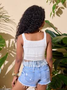 SHEIN Parte superior corta sin mangas de unicolor para niñas preadolescentes con espalda calada y bajo con flecos