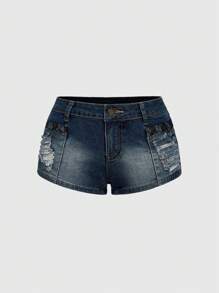 ROMWE J-Fashion Shorts mini in vita bassa, invecchiati e consumati, con inserti in pizzo nero lavato in stile vintage