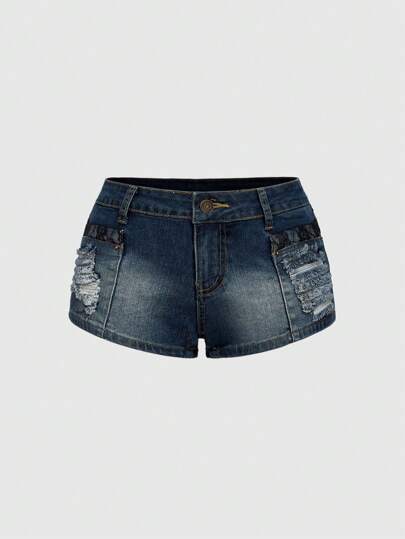J-Fashion Vintage Washed Black Lace Patchwork Distressed Low Waist Mini Shorts