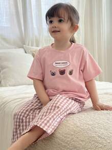 Hapijoa Conjunto de ropa informal para niñas bebé con camiseta de manga corta con estampado de dibujos animados de cuello redondo y pantalones a cuadros - Rosa Pálido - Ver 2