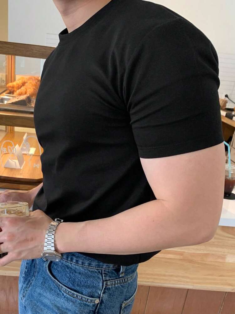 Black Slim Fit Short Sleeve T-Shirt For Men, Summer