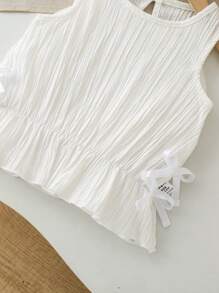 SHEIN Vintaside Kids Baby Girl Infant Toddler 0-3Y Casual Everyday Textured Knit Sleeveless Top With Bow Detail, Apricot & White, Spring/Summer