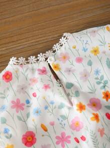 女孩可爱休闲时尚圆领无袖A字短款碎花下摆小碎花迷你太阳裙彩色花朵装饰连衣裙 - 白色 - 查看 6