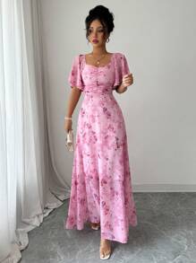Modelyn Chiffon vlinderprint vleermuismouwen geplooide zoete Franse zomerjurk voor dames