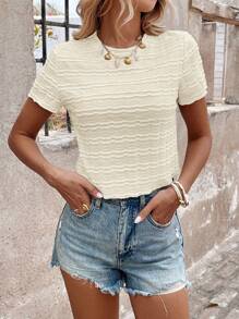 SHEIN LUNE Fitted Light Peach Crop Top Tee Shirt For Women - Apricot - View 3