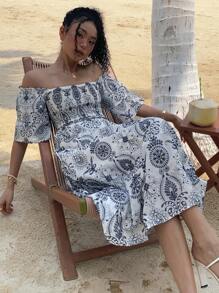 DAZY Vestido longo feminino com estampa floral e ombros à mostra, ideal para praia e cruzeiro. Estilo boho. - Azul - Ver 6