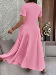 EMERY ROSE Vestido largo con mangas cortas, cuello redondo, cintura ceñida y falda en línea A con inserciones contrastantes, hecho de tela de punto rosa, para vacaciones y uso informal, tallas grandes, para primavera/verano - Rosa - Ver 2