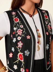 SHEIN LUNE Plus Size Two Pieces Holiday Leisure Suit, Casual High Waist Wide Leg Trousers & Embroidered Sleeveless Vest Two Pieces Suit,Ins Blogger Outfits,Elegant Daily Party Even, Vacation Style, Holiday Outfits,Boho/Bohemian Two Pieces Set,Office,Old Money,Holiday Outfits,For Daily Wear,Casual Daily Wear,Commute,Minimalist,Pride Month Apparel - Black - View 5