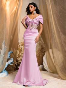 Glamrae Vestido de noche formal de satén de lujo con bordado de cuentas, manga murciélago, drapeado y bajo de cola de pez para mujer - Rosa Pálido - Ver 4