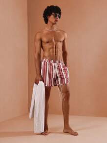 SUMWON Sommer Urlaub Strand Shorts gestreifte Badeshorts Lässig Resort Pool Tragen Knie Länge Kordelzug Badeshorts Elastischer Bund Boardshorts - Rot - Übersicht 2